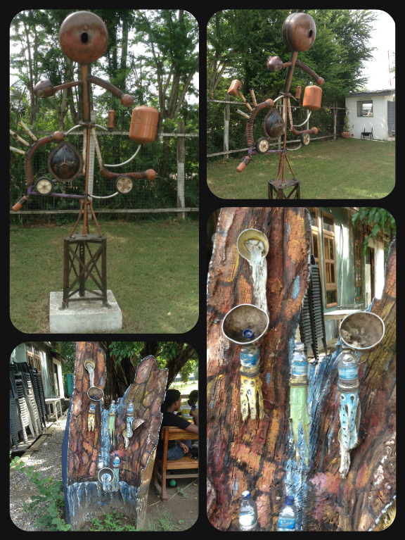 Top: This artistic work is a result of recycled bicycle parts. Bottom: Another beautiful work of art using recycled plastic bottles. A great idea to collect rain water for birds to drink